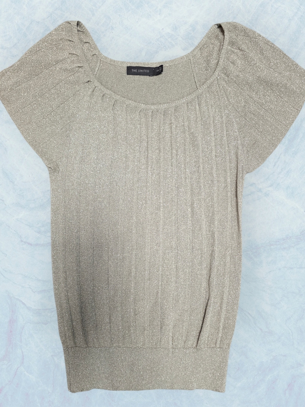 The Limited Gold Metallic Shimmer Flutter Short-Sleeve Ribbed Top XS